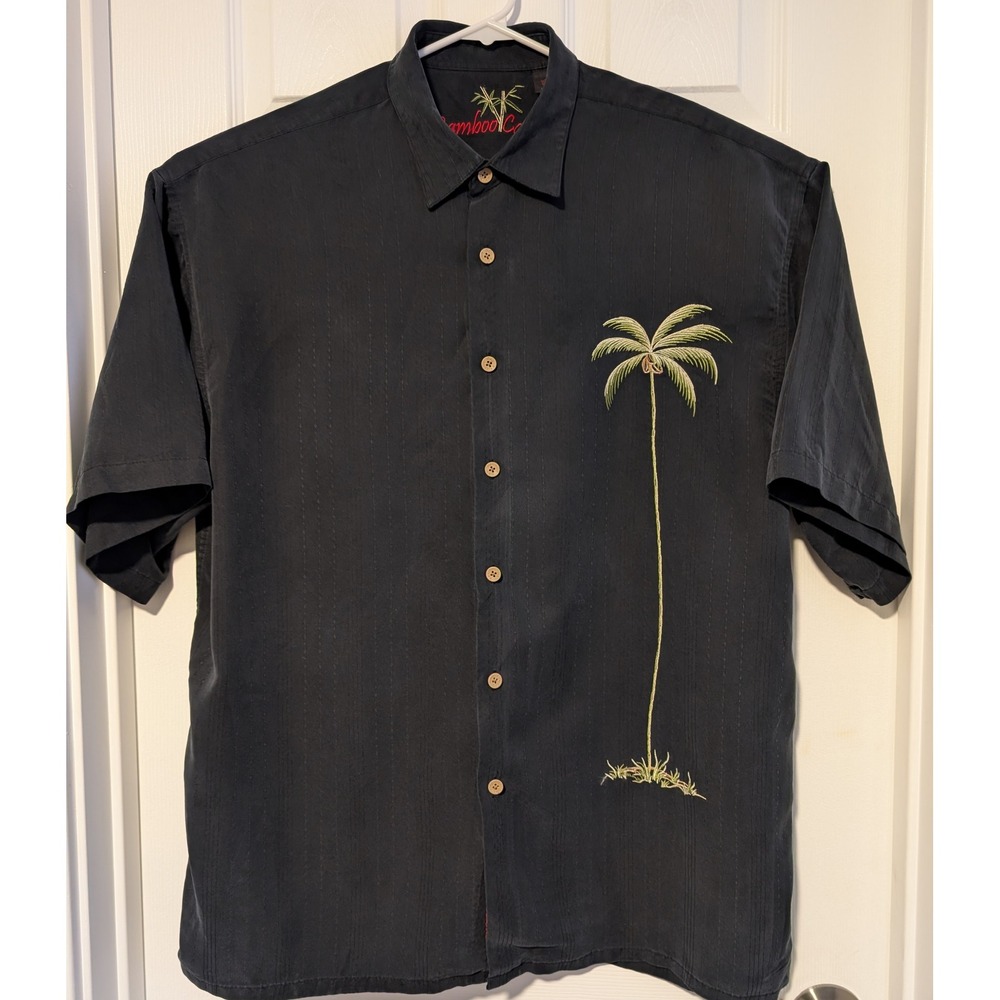 Bamboo Cay Mens XL Black Modal Blend Embroidered Palm Tree Camp Shirt VERY NICE